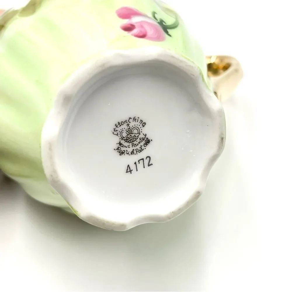 Vintage Lefton Green Heritage Roses Gold Trim Small Pitcher 4172‎ Hand Painted